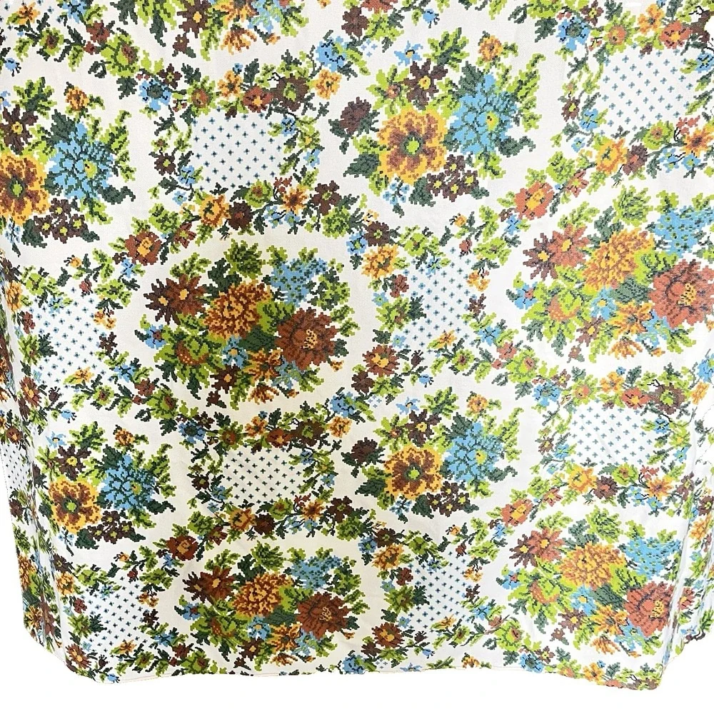 Vintage 70s colorful faux cross stitch floral fabric tablecloth retro 58x98